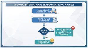 Flowchart mapping the WIPO formal examination process, illustrating how an application moves to international registration or triggers a 3-month WIPO irregularity response deadline if a defect is found.